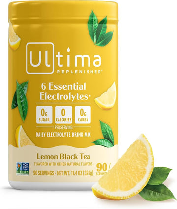 Ultima Replenisher Daily Electrolyte Powder - Lemon Black Tea, 90 Servings - Zero Sugar Hydration Powder with 6 Electrolytes and Minerals - Sugar Free, Plant Based & Keto Friendly Drink Mix