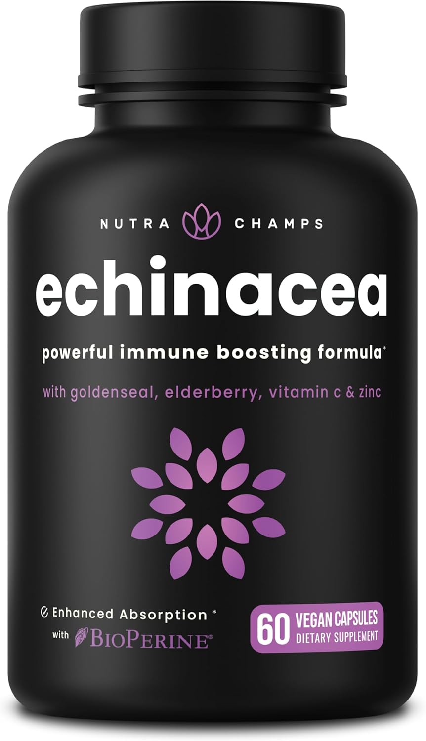 NutraChamps Echinacea Capsules 1000mg - 8-in-1 Immune Support Supplement - Echinacea Goldenseal, Vitamin C, Zinc, Ginger, Elderberry - 60 Capsules