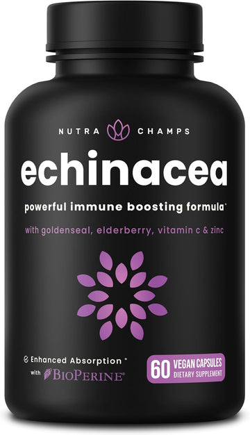 NutraChamps Echinacea Capsules 1000mg - 8-in-1 Immune Support Supplement - Echinacea Goldenseal, Vitamin C, Zinc, Ginger, Elderberry - 60 Capsules