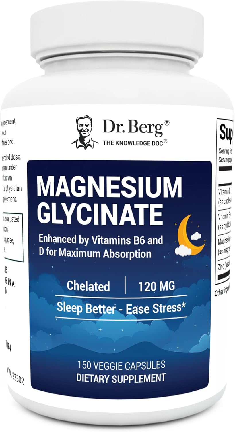 Dr. Berg Magnesium Glycinate 150ct – 4-in-1 Chelated for Muscle, Nerve, Sleep & Stress Support*– w/ D3, B6 & Zinc