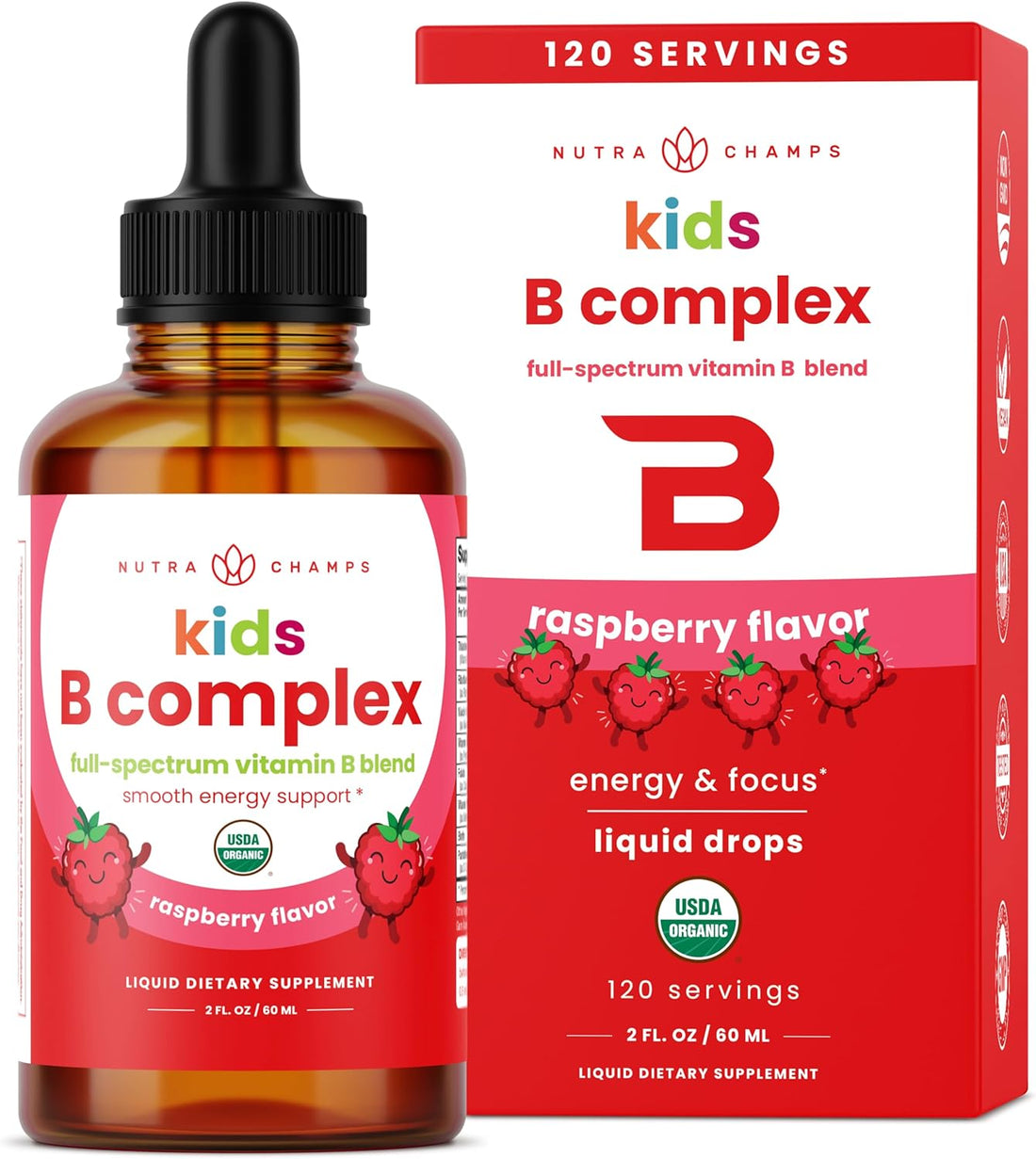 NutraChamps Vitamin B Complex for Kids, B1, B2, B3, B6, B7, B9 & Methyl B12, Kids B Complex Liquid Drops Supplement, Energy, Focus, Metabolism, Natural Berry, 120 Servings, 4 Month Supply