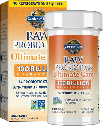 Garden of Life Raw Probiotics for Women and Men with Digestive Enzymes, 100 Billion CFU, Clinically Studied Strains, Shelf Stable, 30 Capsules