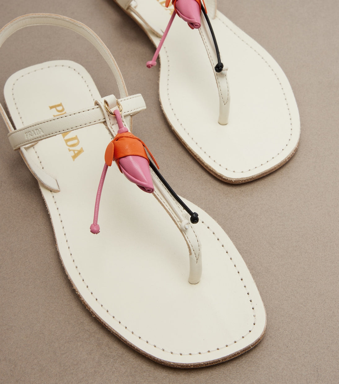 Prada Floral Applique Leather Thong Sandals