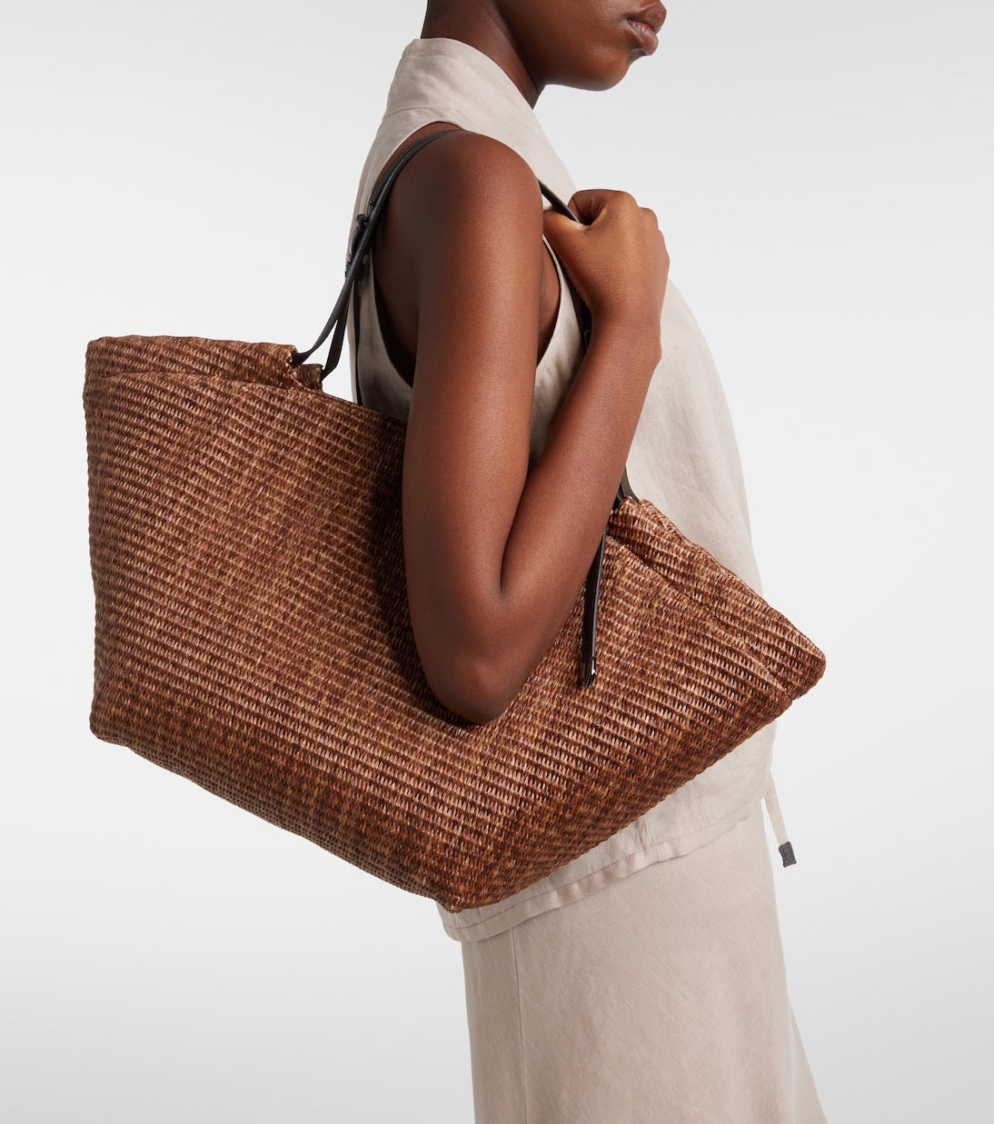 Brunello Cucinelli Large Leather Trimmed Raffia Tote Bag