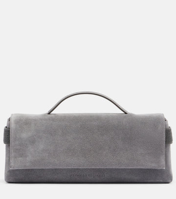 Brunello Cucinelli Monili Small Embellished Suede Top-Handle Bag - Grey