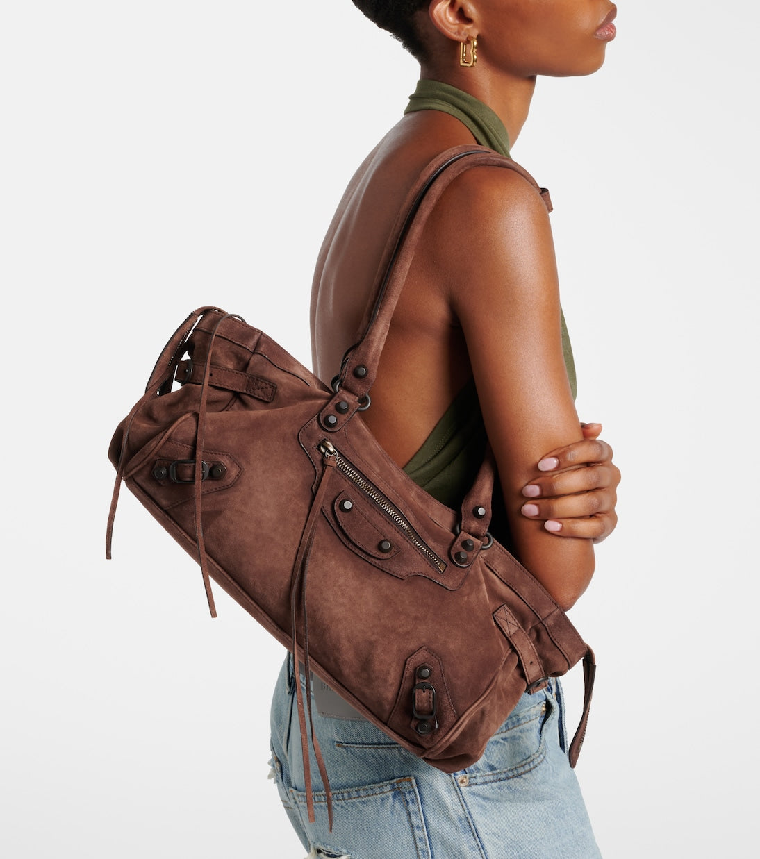 Balenciaga Le City East West Small Suede Shoulder Bag