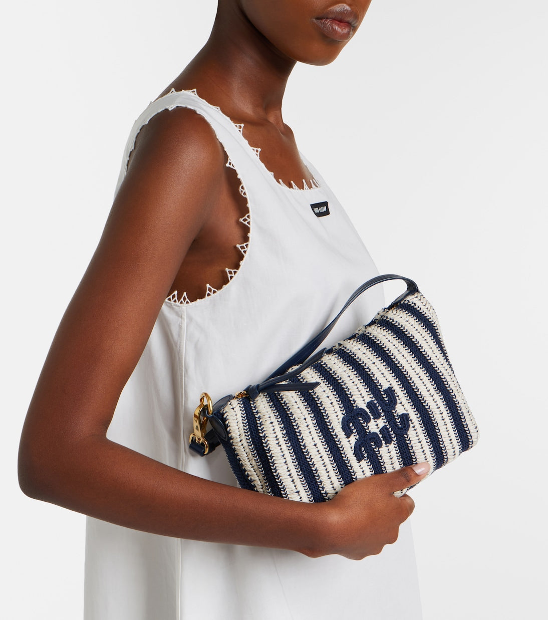 Miu Miu Striped Leather Trimmed Crochet Shoulder Bag