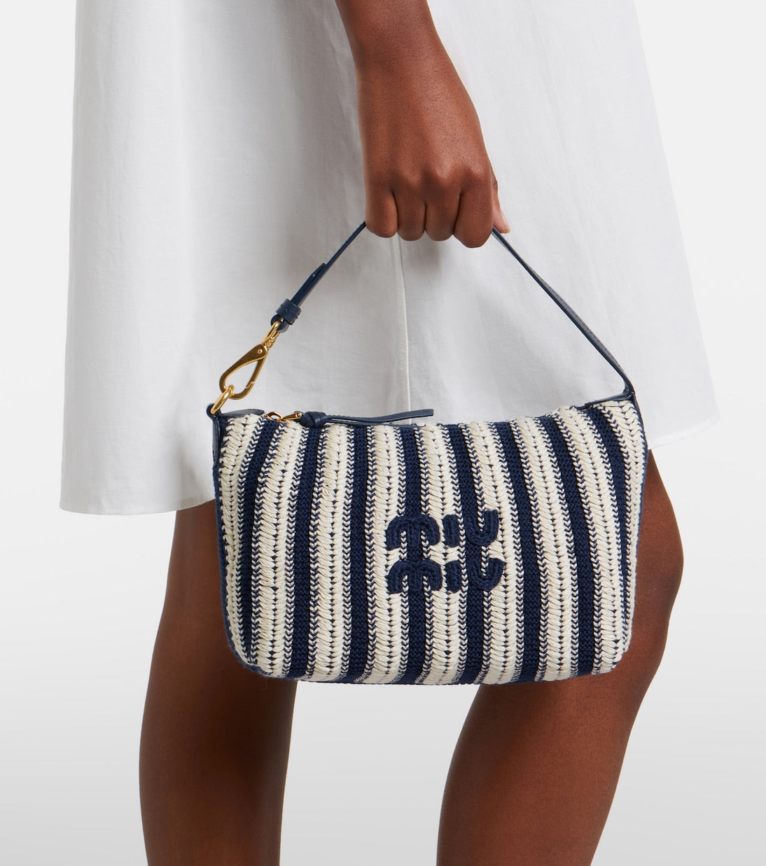 Miu Miu Striped Leather Trimmed Crochet Shoulder Bag