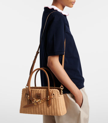 Miu Miu Aventure Leather Trimmed Wicker Top Handle Bag