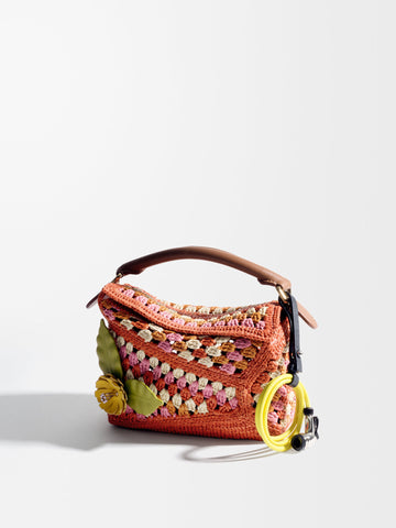 Loewe Mini Puzzle Edge Bag in Raffia and Calfskin — Gold/Natural