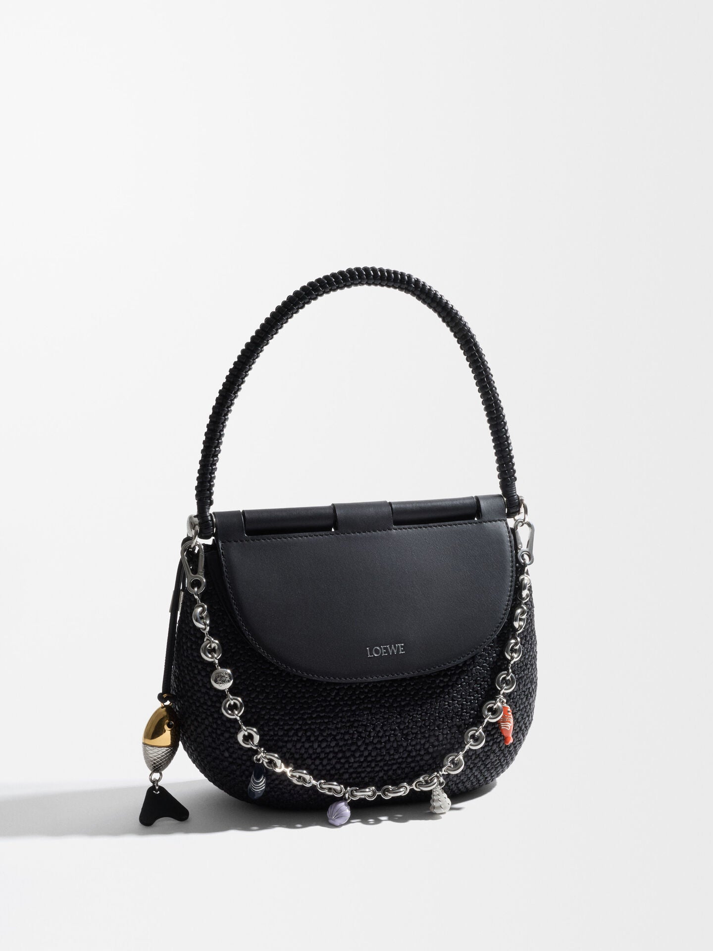 Loewe Medium Pescador Bag in Raffia and Calfskin — Black