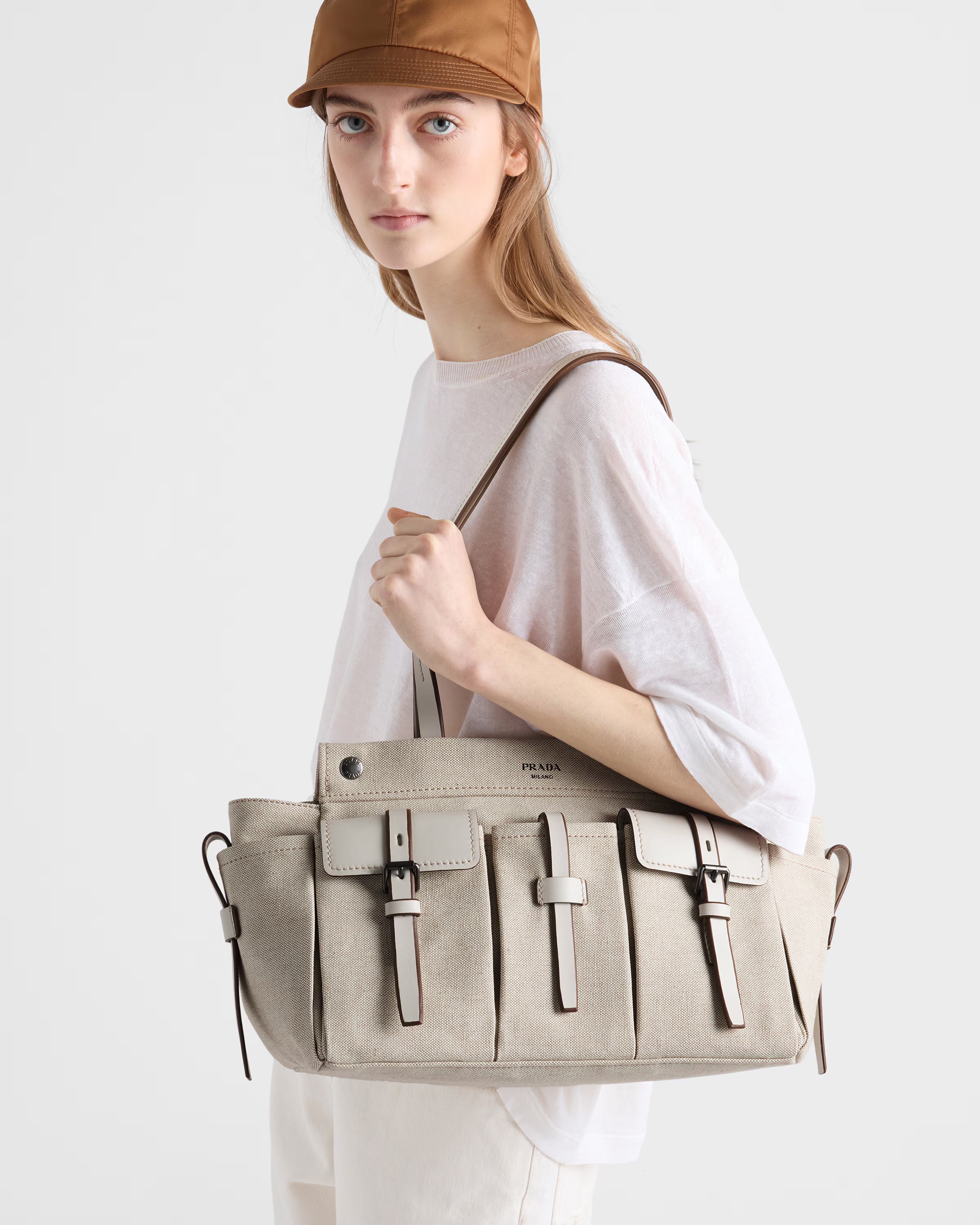 Prada Route large canvas and leather tote bag