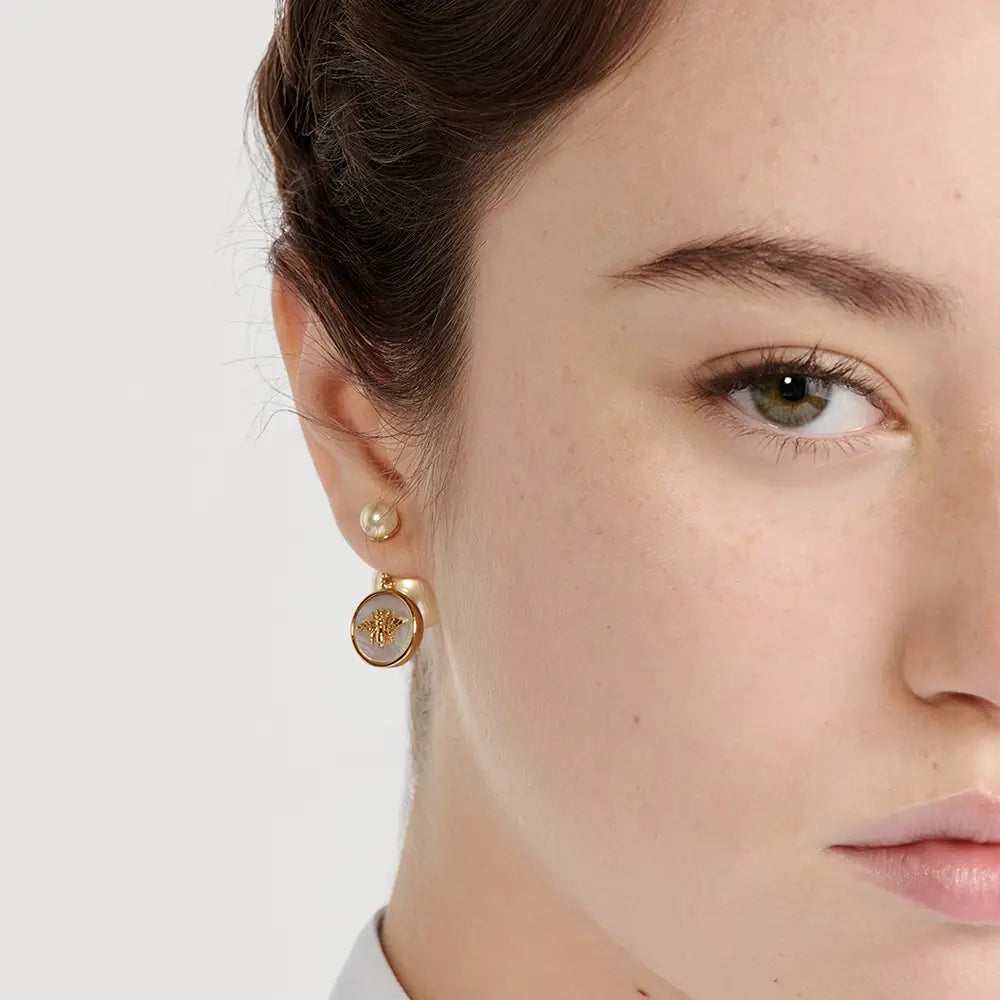 Christian Dior Tribales Earrings Gold Finish Metal with Resin Pearls and Mother of Pearl White