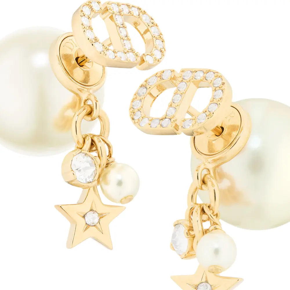 Christian Dior Tribales Earrings Gold Plated Metal with Resin Beads and Silver-Toned Crystal Decorations White