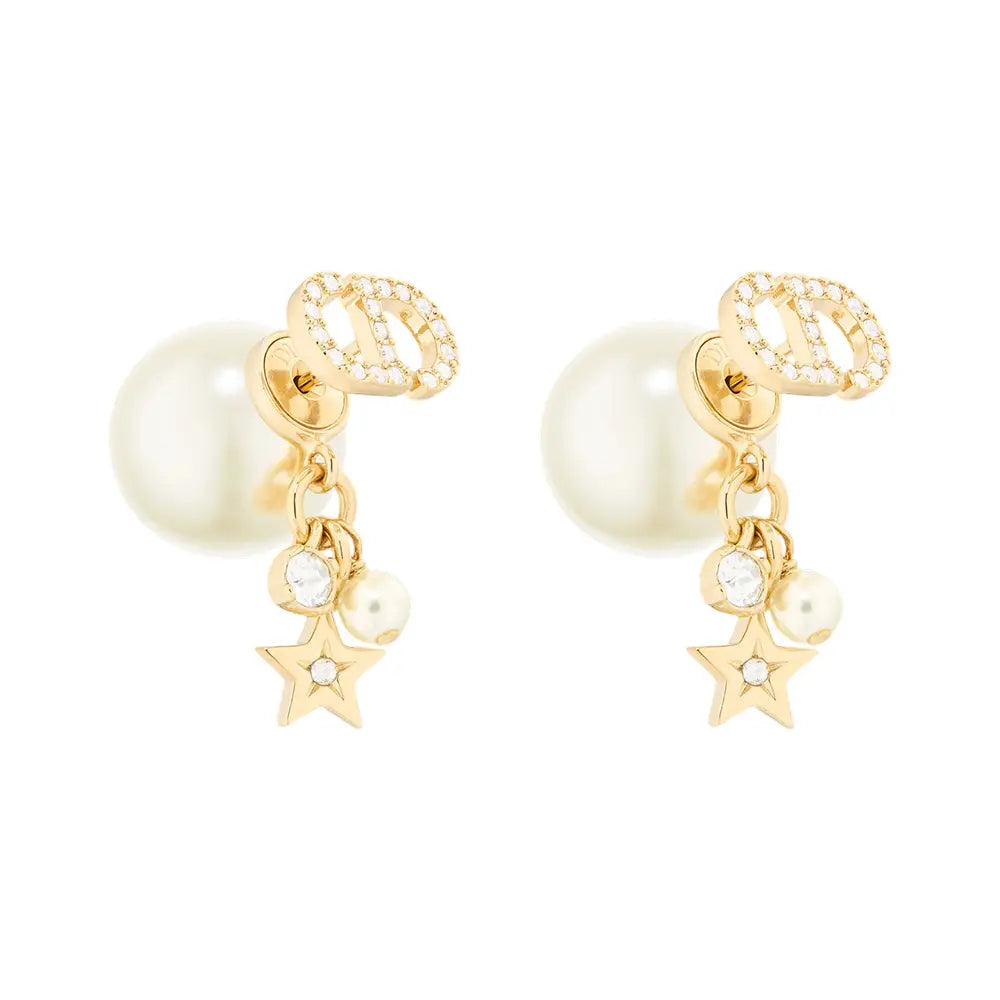 Christian Dior Tribales Earrings Gold Plated Metal with Resin Beads and Silver-Toned Crystal Decorations White