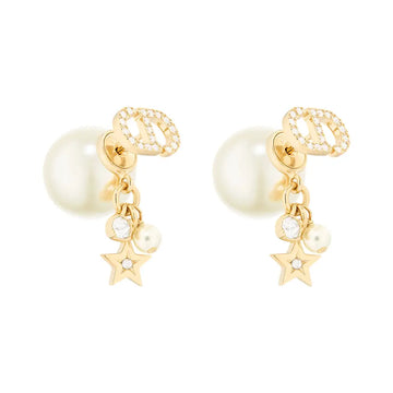 Christian Dior Tribales Earrings Gold Plated Metal with Resin Beads and Silver-Toned Crystal Decorations White