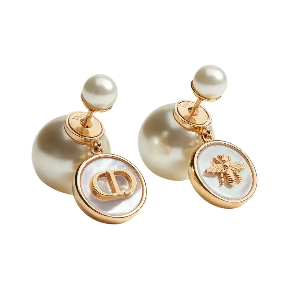 Christian Dior Tribales Earrings Gold Finish Metal with Resin Pearls and Mother of Pearl White
