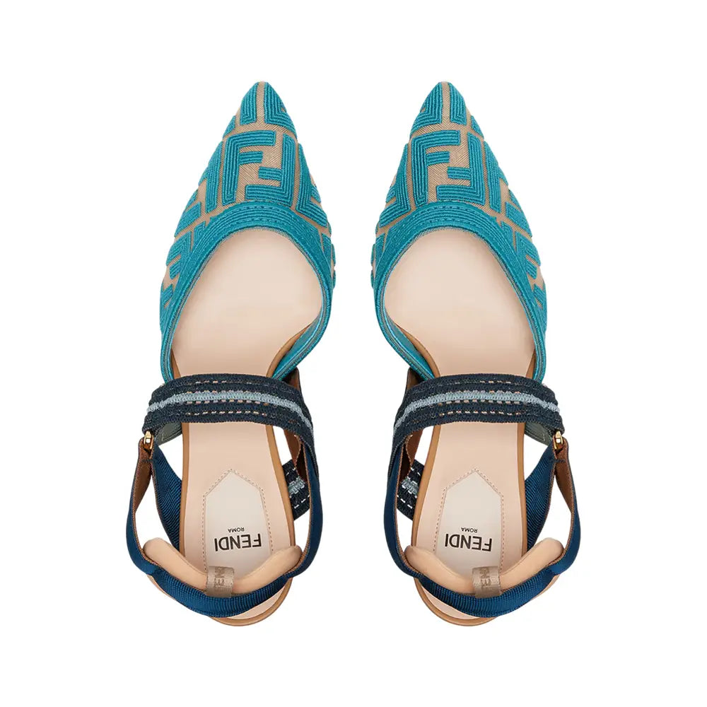 Fendi Colibri 85 FF Fabric High Heeled Slingbacks Light Blue