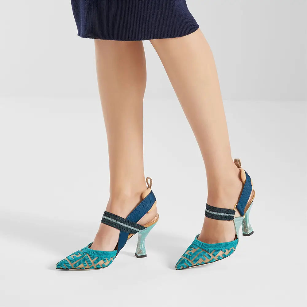 Fendi Colibri 85 FF Fabric High Heeled Slingbacks Light Blue