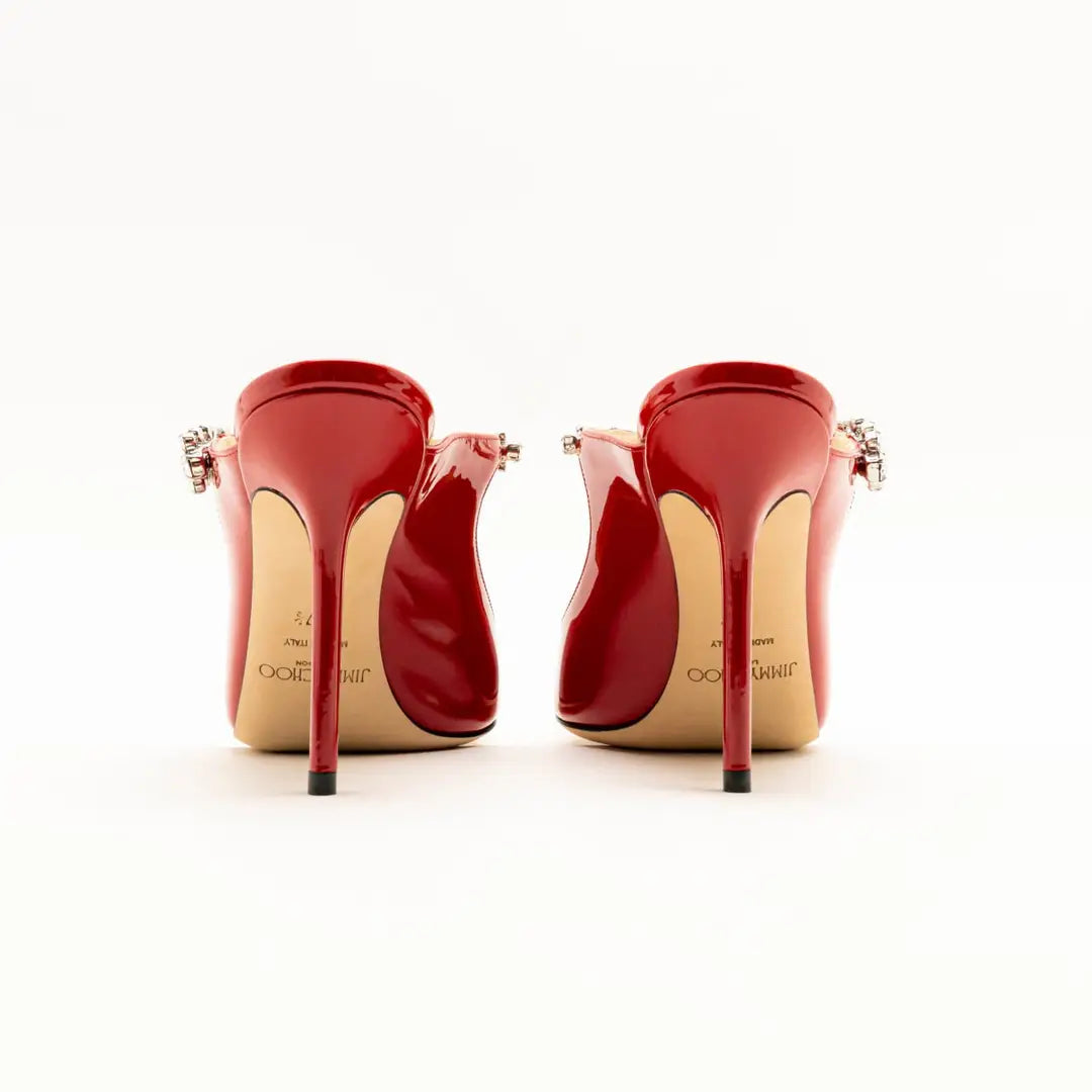 Jimmy Choo Bing 100 Crystal Strap Patent Leather Heels Ruby Red