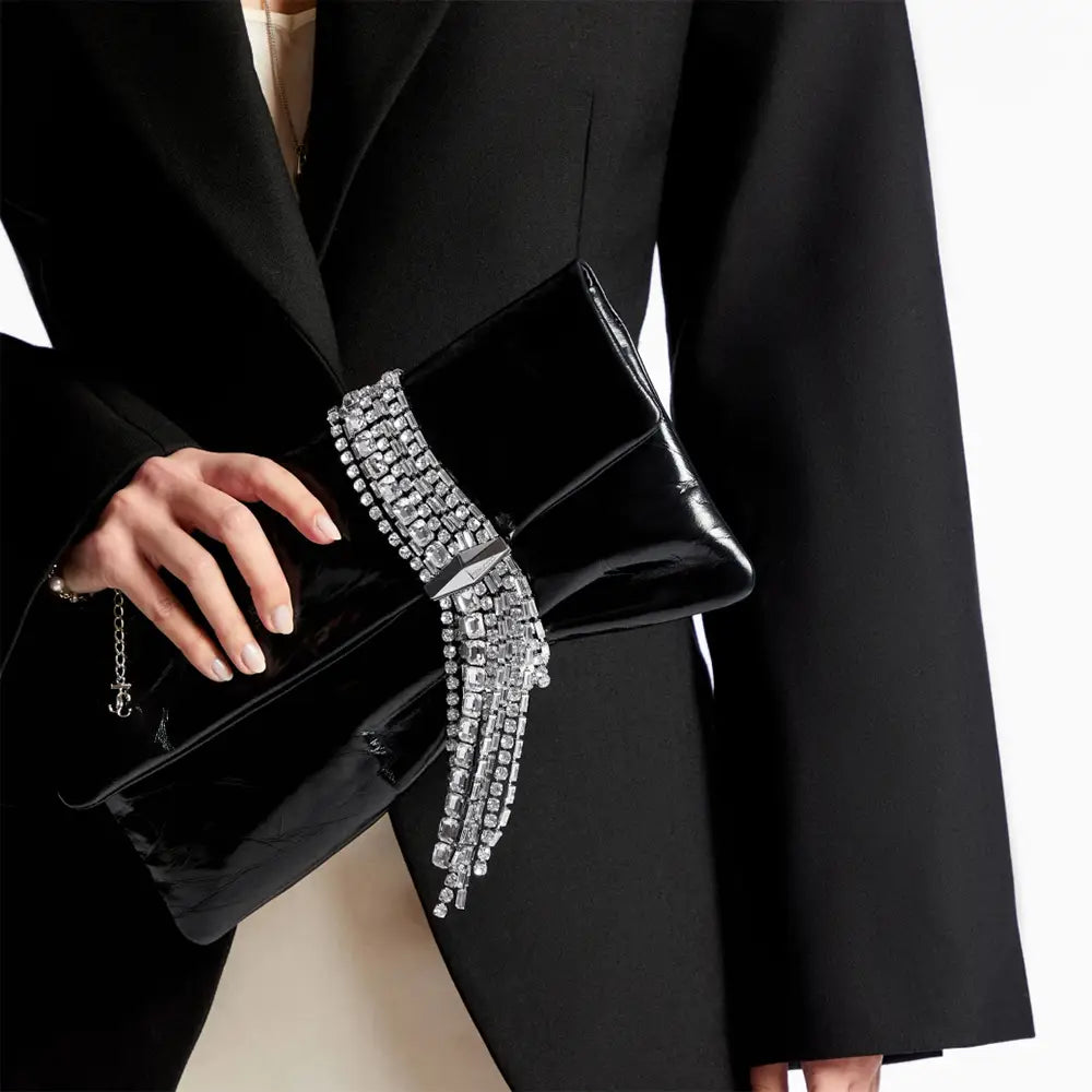 Jimmy Choo Zandra Vintage Metallic Leather Clutch Bag Black Silver
