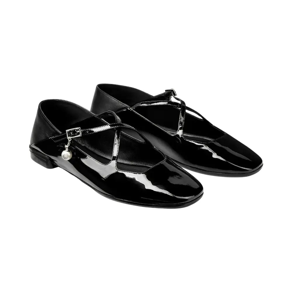Jimmy Choo Eleri Ballerina Pump Patent Leather with Pearl Charm Black