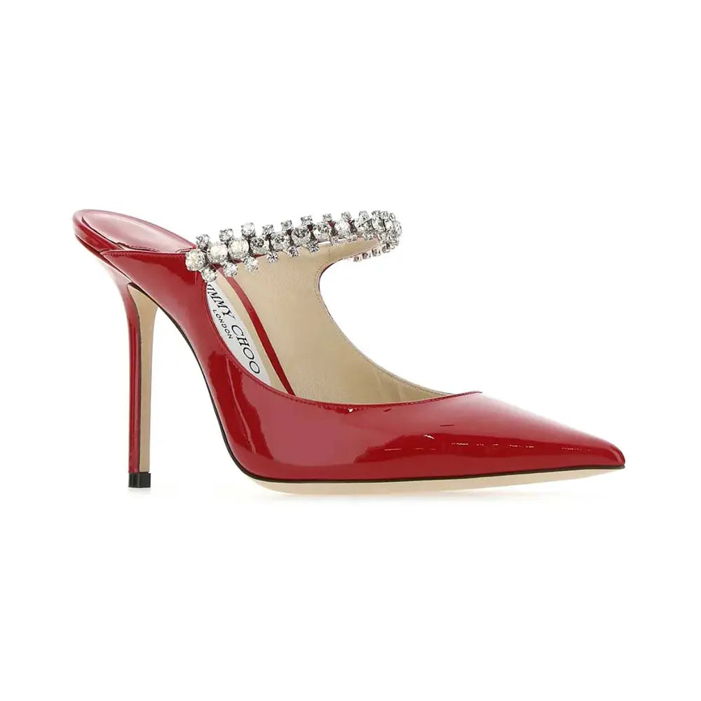 Jimmy Choo Bing 100 Crystal Strap Patent Leather Heels Ruby Red