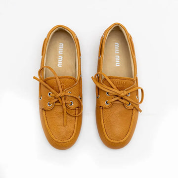 Miu Miu Hammered Leather Lace-Up Boat Loafers Cinnamon